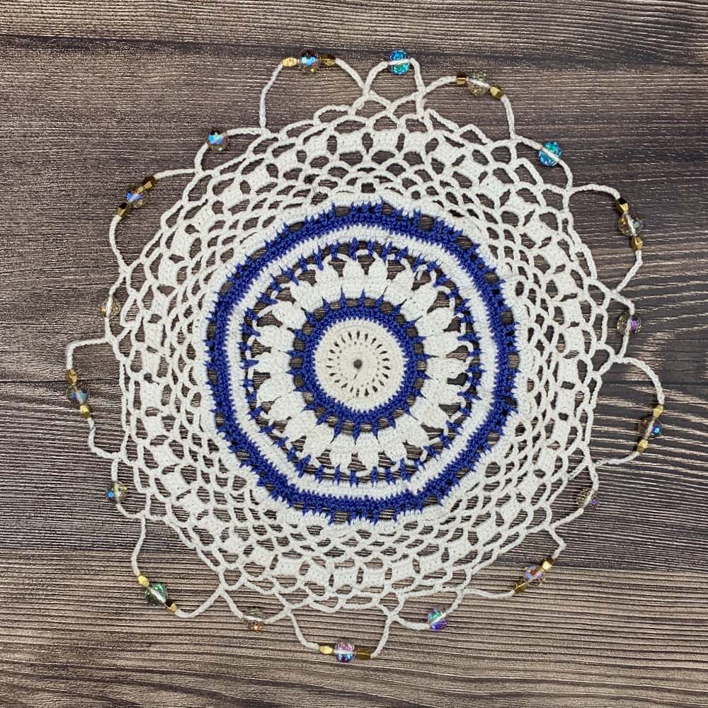 Beaded Blue & White Circles Cotton Crocheted Jug & Plate Cover