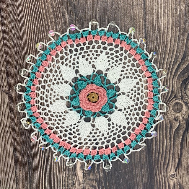 Muted Green & Blush Central Flower Cotton Crocheted Jug & Plate Cover