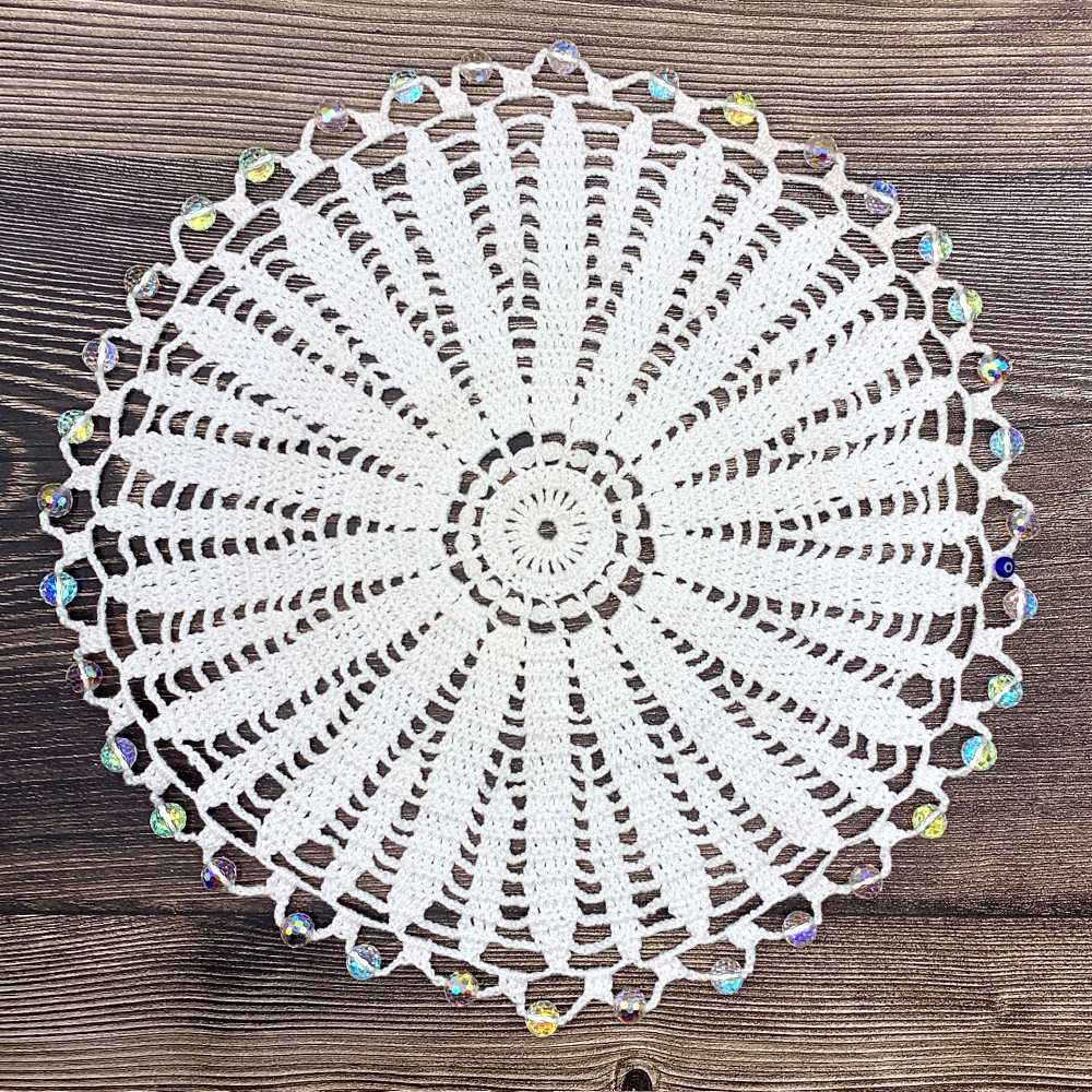 Refracting Colour Beaded White Cotton Crocheted Jug & Plate Cover