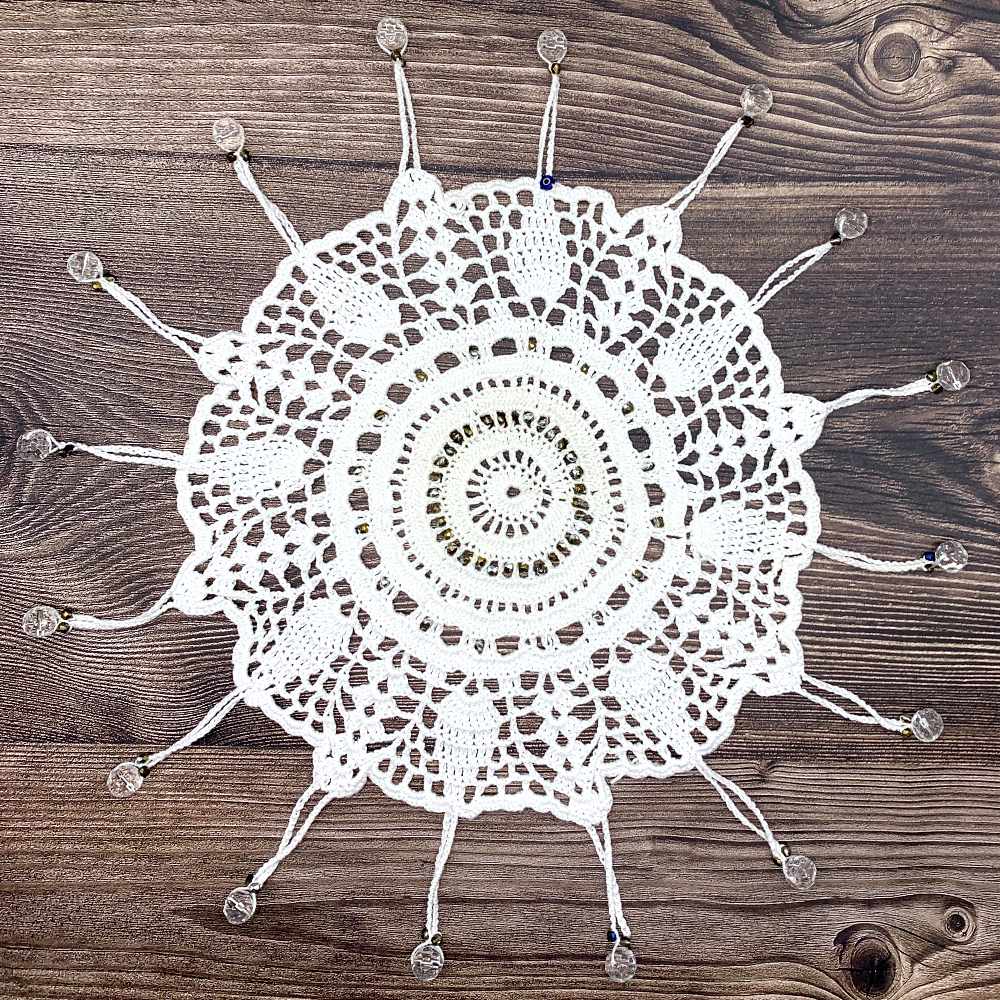 Gold Beaded White Cotton Crocheted Jug & Plate Cover