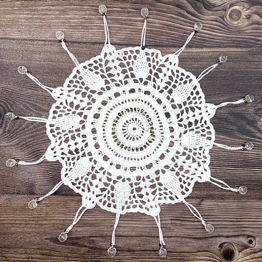 Gold Beaded White Cotton Crocheted Jug & Plate Cover