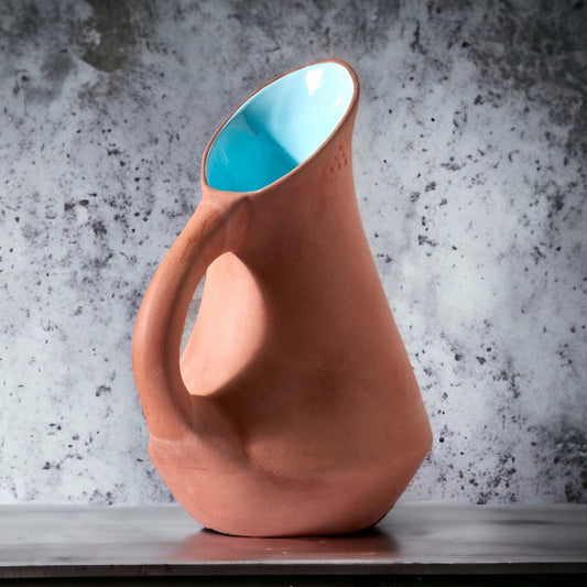 Terracotta & Blue Glazed Ceramic Jug