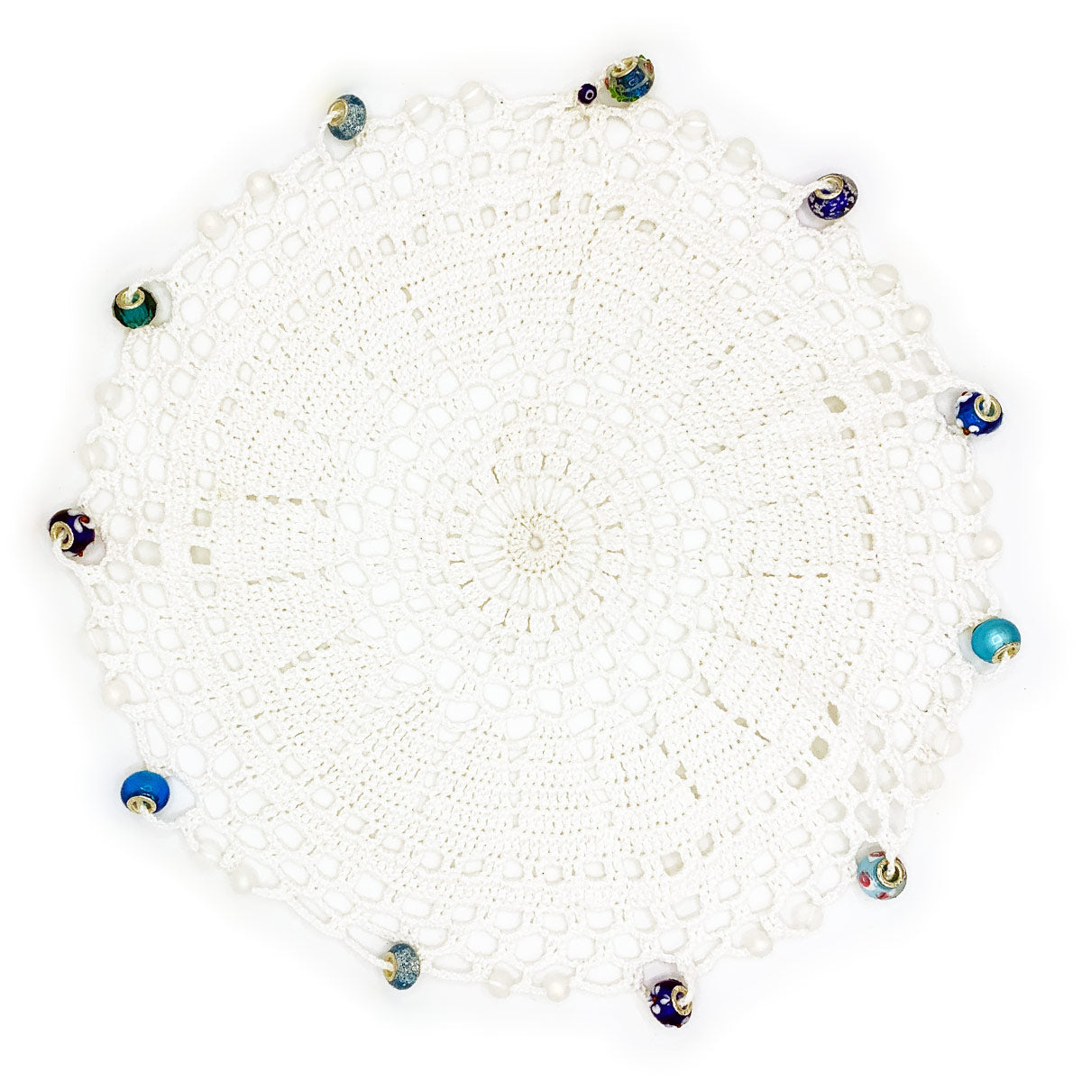 Multi Blue Beaded Crocheted White Cotton & Plate Cover