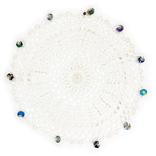 Multi Blue Beaded Crocheted White Cotton & Plate Cover