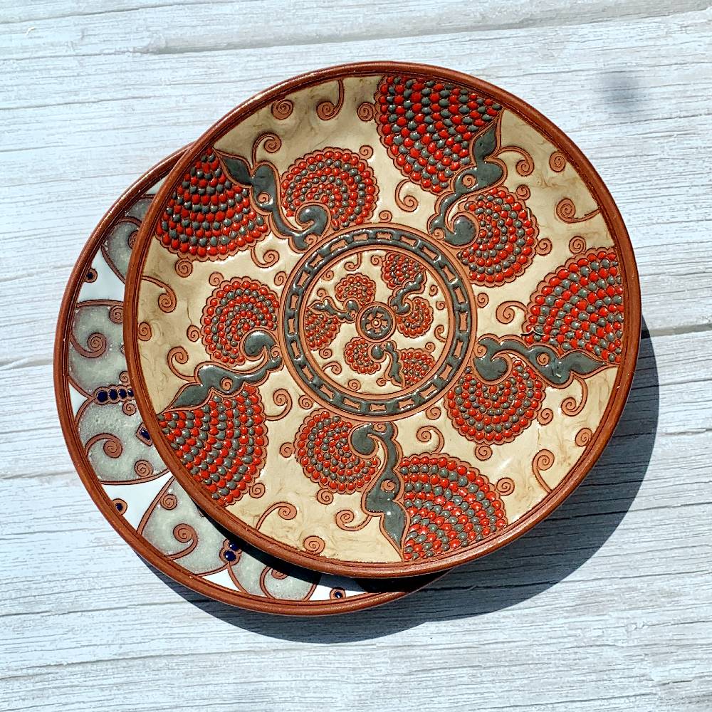Handmade Ceramic Serving Plate Beige & Red Fans