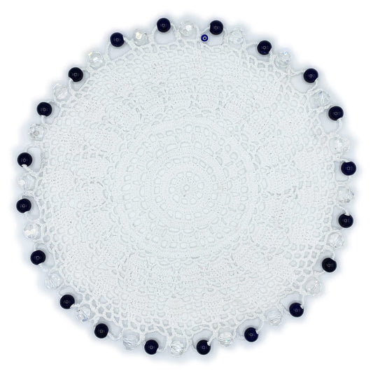 Navy & Clear Beaded Crocheted White Cotton Jug & Plate Cover