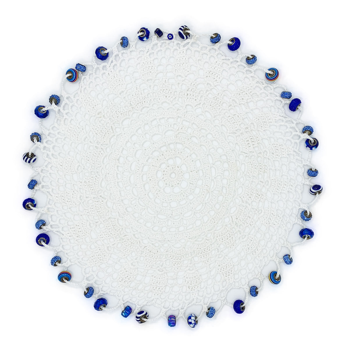 Blue Beaded Crocheted White Cotton Jug & Plate Cover