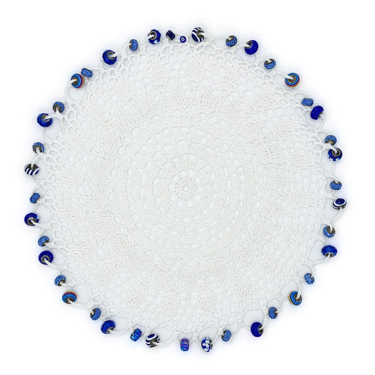 Blue Beaded Crocheted White Cotton Jug & Plate Cover