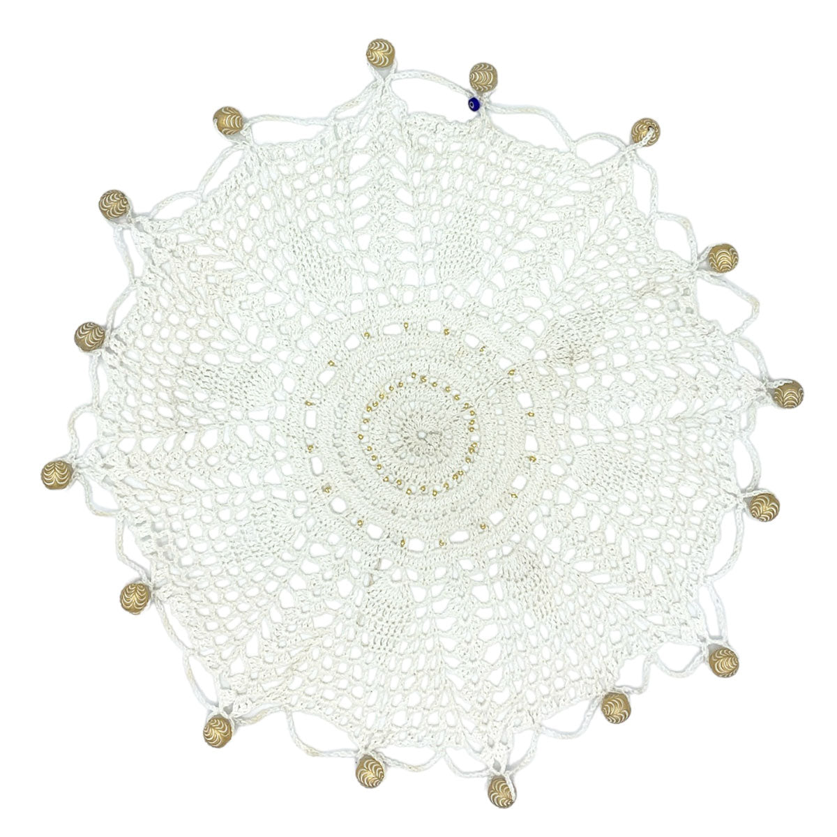 Gold Beaded Crocheted White Cotton Jug & Plate Cover