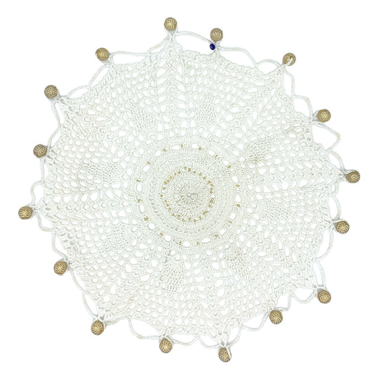 Gold Beaded Crocheted White Cotton Jug & Plate Cover