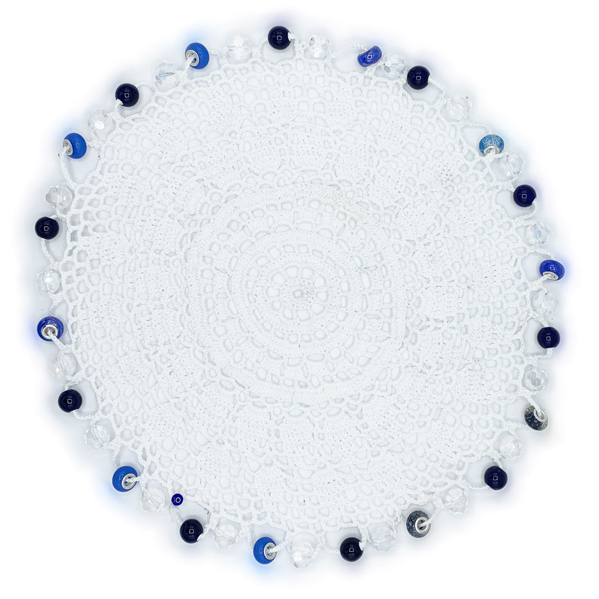 Blue & Clear Beaded Crocheted White Cotton Jug & Plate Cover