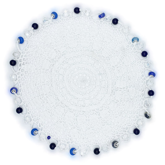 Blue & Clear Beaded Crocheted White Cotton Jug & Plate Cover