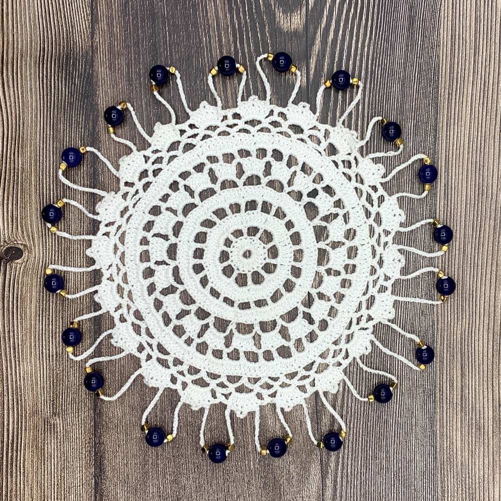 Navy & Gold Beaded White Cotton Crocheted Jug & Plate Cover