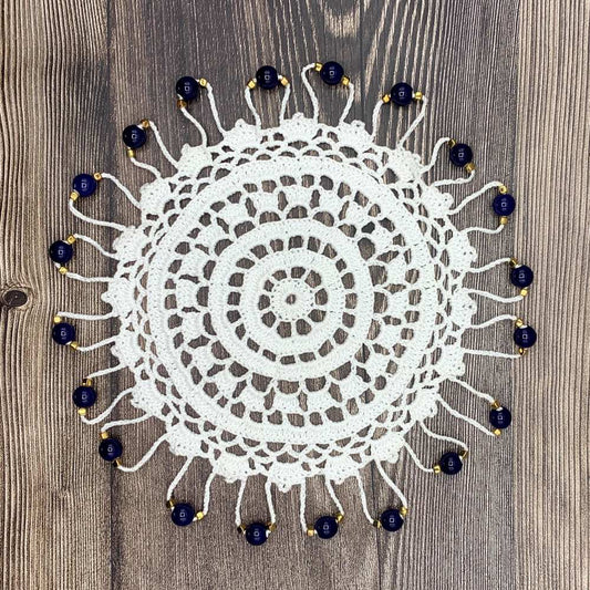 Navy & Gold Beaded White Cotton Crocheted Jug & Plate Cover