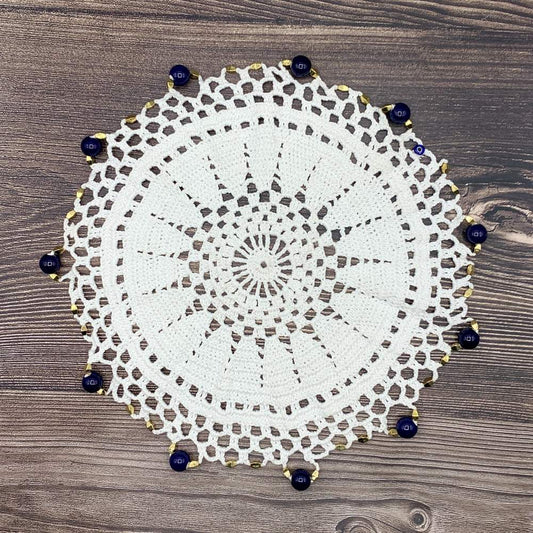 Navy & Tiny Gold Beaded White Cotton Crocheted Jug & Plate Cover
