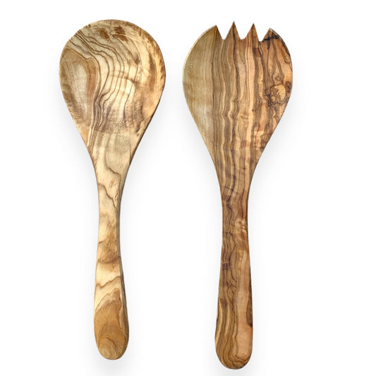 Olive Wood Round Salad Serving Spoons