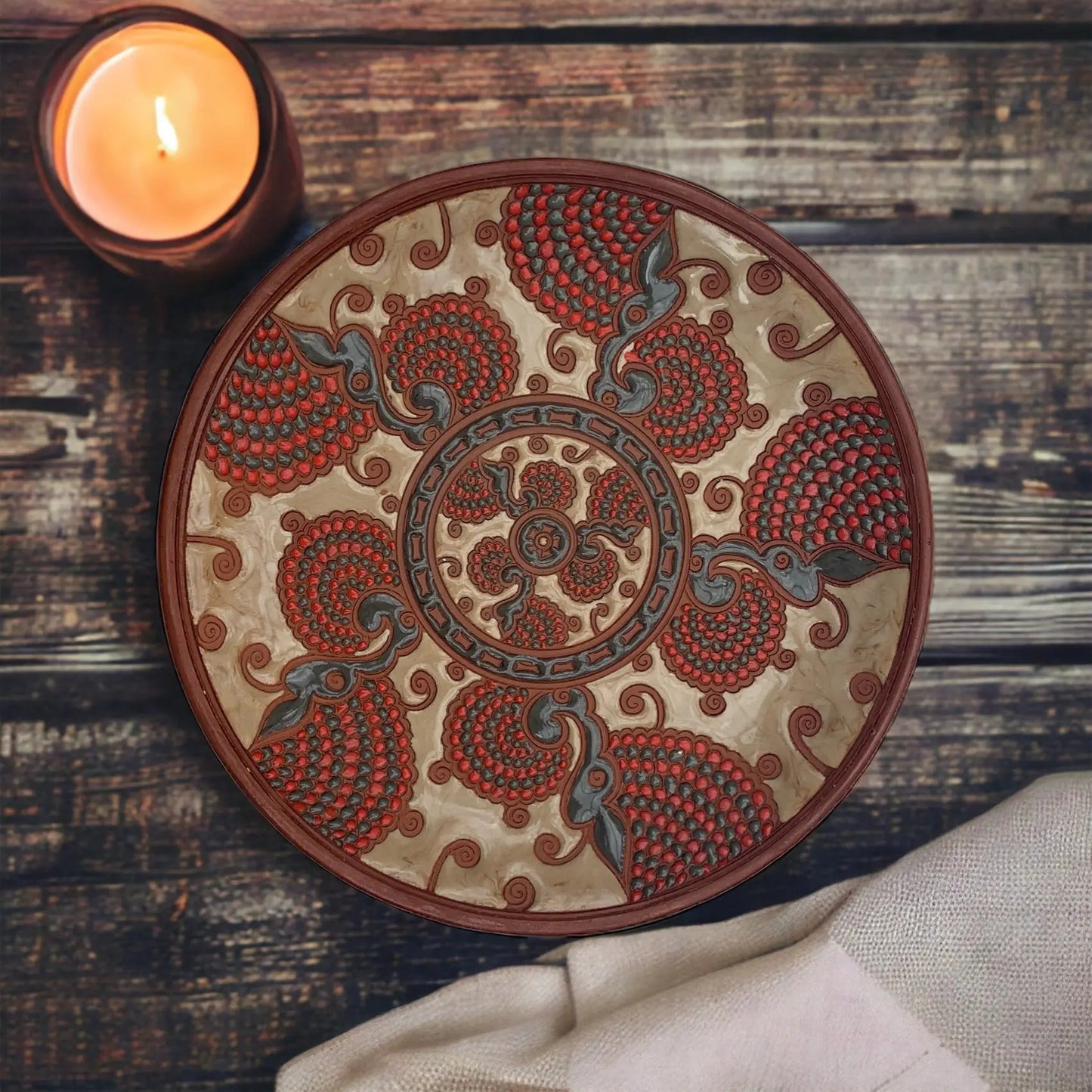 Rhodes Ceramic Serving Plate Beige & Red Fans