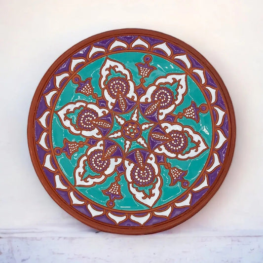 Rhodes Ceramic Serving Plate Turquoise & Purple Centre Flower