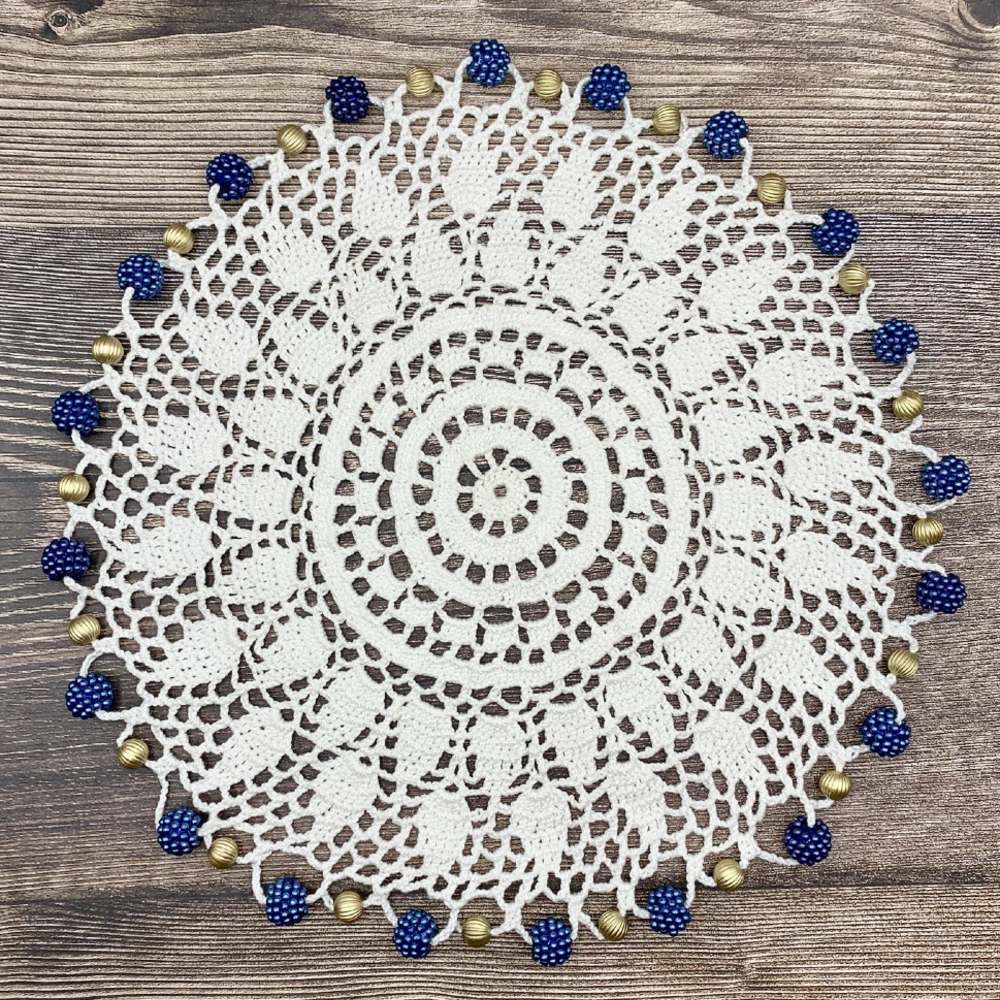 Rich Blue & Gold Beaded Large White Cotton Crocheted Jug & Plate Cover