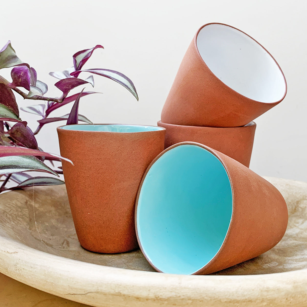 Terracotta & Blue Glazed Ceramic Cup