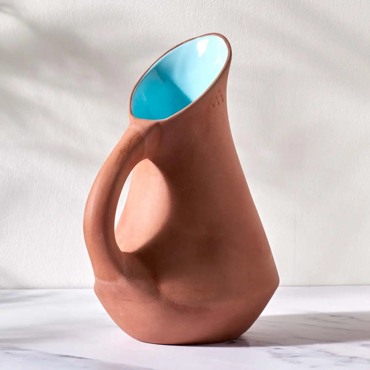 Terracotta & Blue Glazed Ceramic Jug