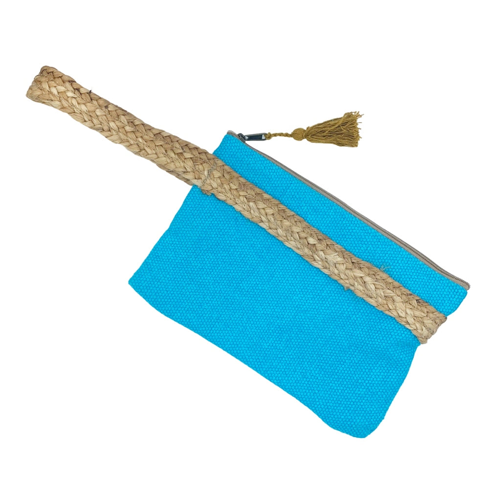 Turquoise & Natural Jute Clutch Bag