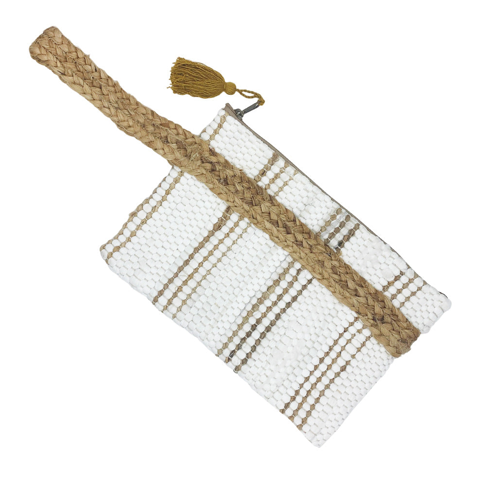 White & Natural Jute Clutch Bag
