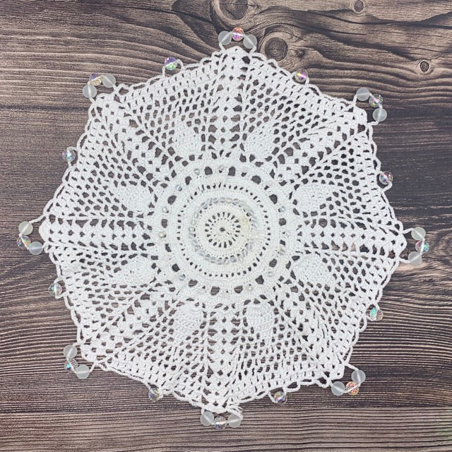 White Beaded Detail Cotton Crocheted Large Jug & Plate Cover