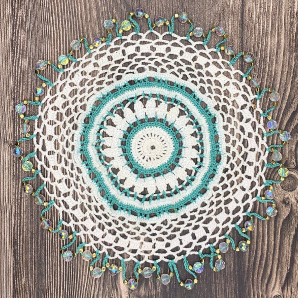 Beaded Mint & White Cotton Crocheted Jug & Plate Cover