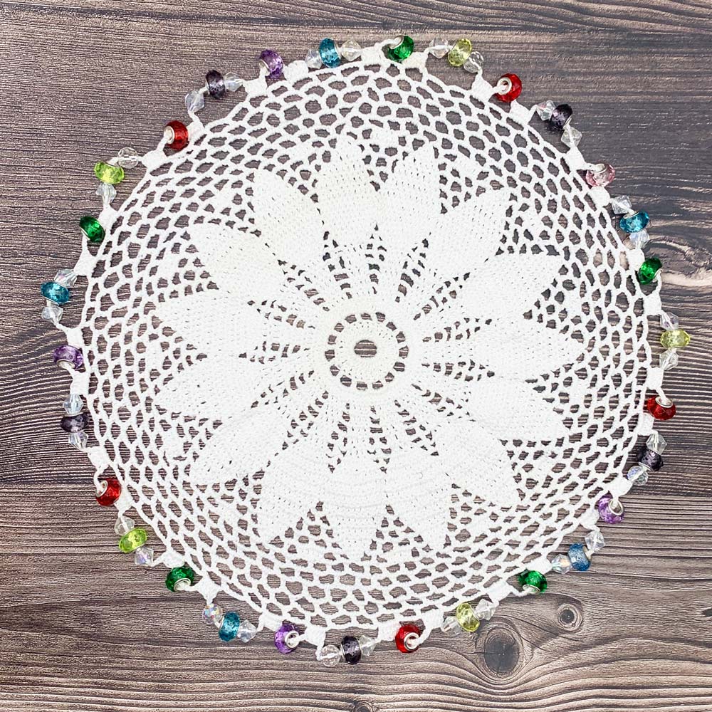 Multicoloured Beaded White Cotton Crocheted Jug & Plate Cover