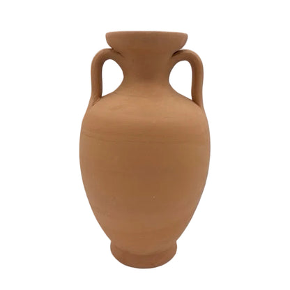 A classic terracotta clay vase with two loop handles, standing upright on a white surface against a white background.