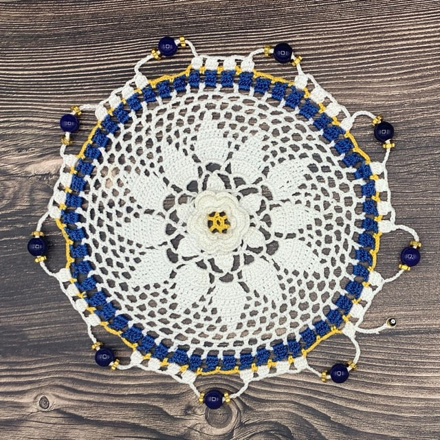 Blue, Yellow &White Central Flower Cotton Crocheted Jug & Plate Cover