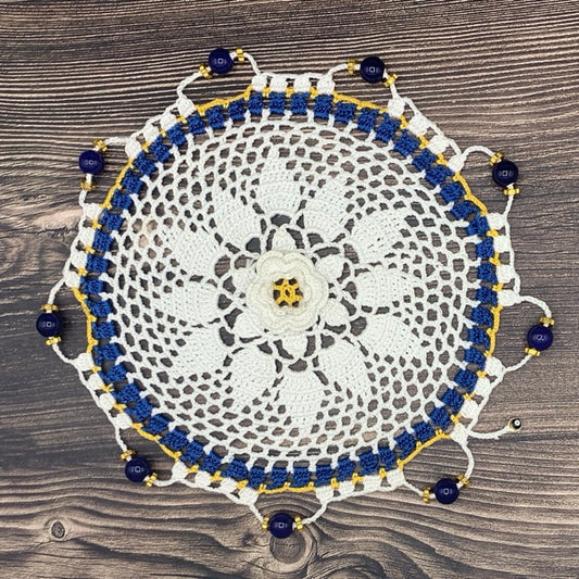 Blue, Yellow &White Central Flower Cotton Crocheted Jug & Plate Cover