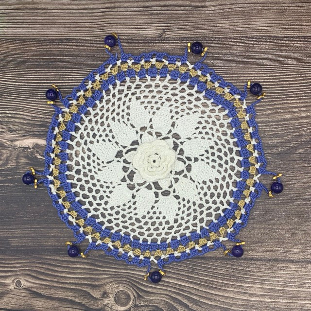 Gold & Blue Cotton Crocheted Jug & Plate Cover