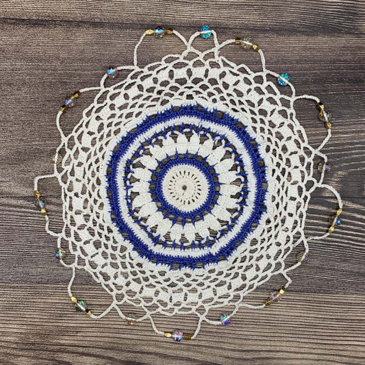 Beaded Blue & White Circles Cotton Crocheted Jug & Plate Cover