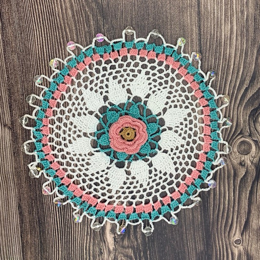 Muted Green & Blush Central Flower Cotton Crocheted Jug & Plate Cover