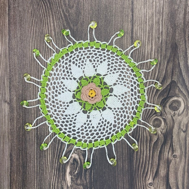 Blush Flower & Green Beaded Cotton Crocheted Jug & Plate Cover