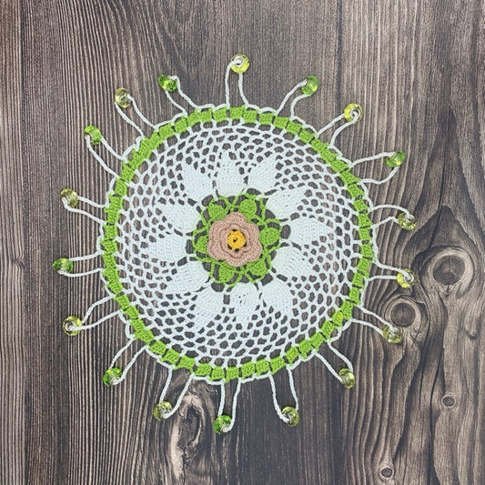 Blush Flower & Green Beaded Cotton Crocheted Jug & Plate Cover