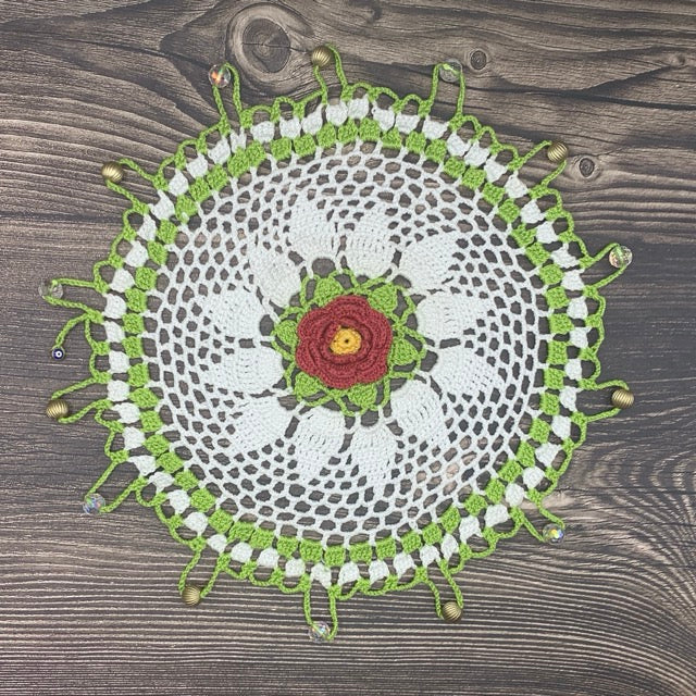 Green Border Central Flower Cotton Crocheted Jug & Plate Cover