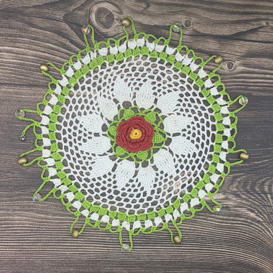 Green Border Central Flower Cotton Crocheted Jug & Plate Cover