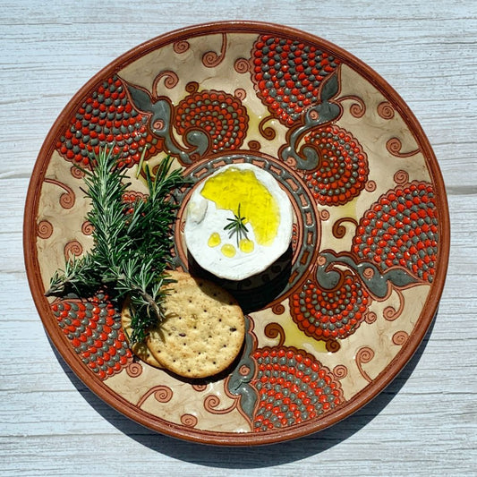 Handmade Ceramic Serving Plate Beige & Red Fans