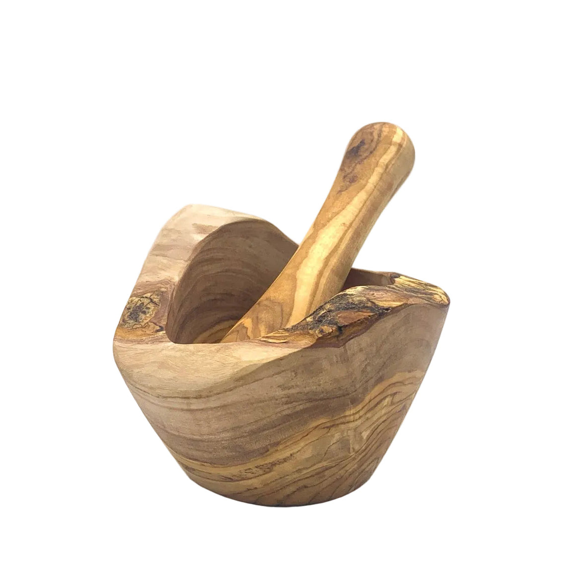 A handcrafted olive wood mortar and pestle set, featuring a rustic bowl with a thick-handled pestle, both showcasing natural wood grain patterns, photographed on a light gray background.