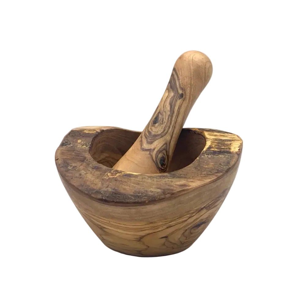 A handcrafted wooden mortar and pestle set with a natural olive wood grain pattern, photographed on a neutral light gray background.