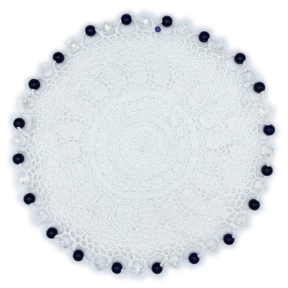 Navy & Clear Beaded Crocheted White Cotton Jug & Plate Cover