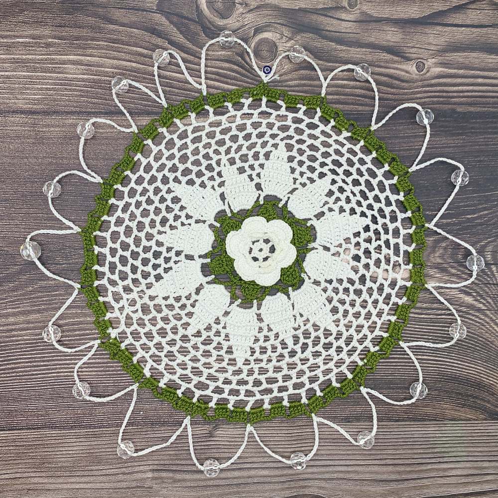 Deep Olive & White Cotton Crocheted Jug & Plate Cover
