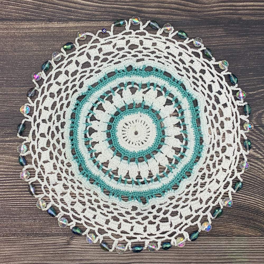 Mint Circles & White Cotton Crocheted Jug & Plate Cover
