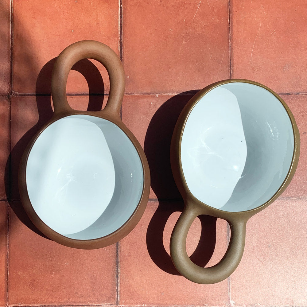 Handmade Mocha Terracotta & White Greek Soup Bowl