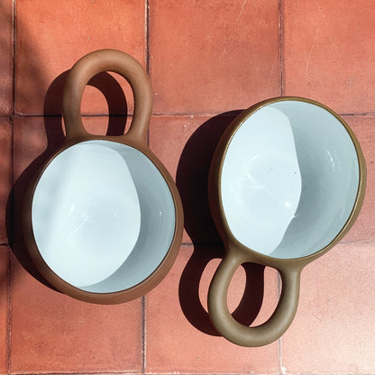 Handmade Mocha Terracotta & White Greek Soup Bowl