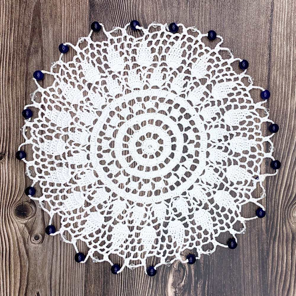 Navy & Clear Beaded White Cotton Crocheted Jug & Plate Cover