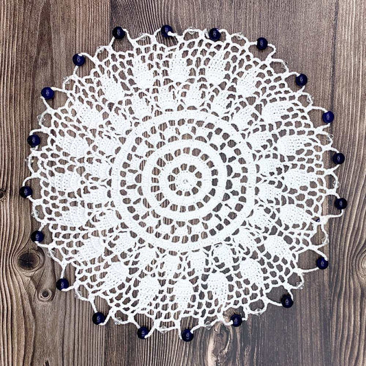 Navy & Clear Beaded White Cotton Crocheted Jug & Plate Cover